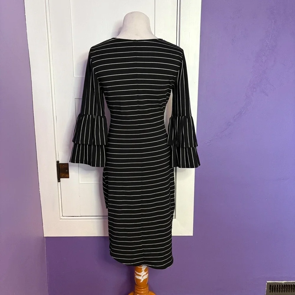 Anthropologie Sunday Brooklyn Black White Striped Wrap Dress Bell‎ Sleeve Small